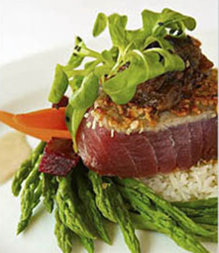 Seared tuna over asparagus