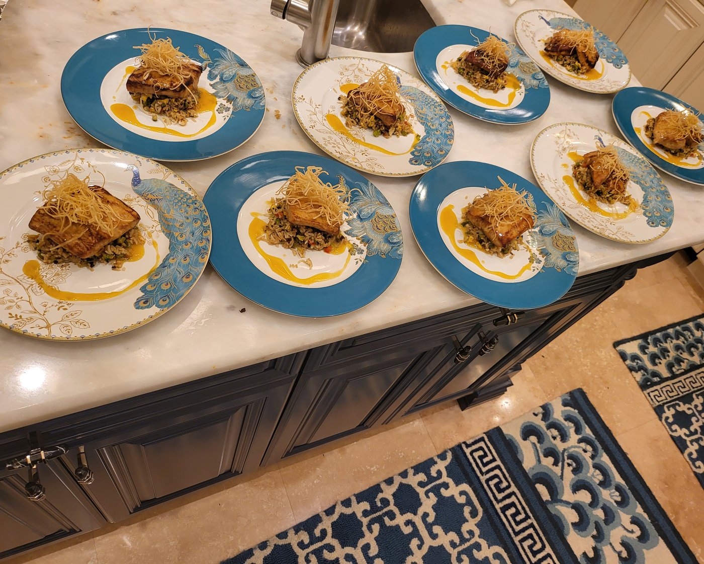 Blue-rim plated fish dinner